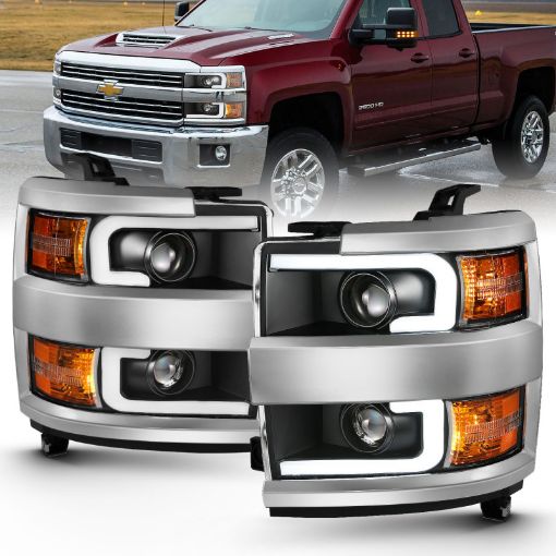Picture of ANZO 2015 - 2016 Chevrolet Silverado Projector Headlights w Plank Style Design Black w Amber