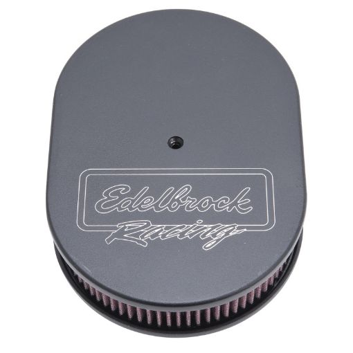Picture of Edelbrock Air Cleaner Victor Series Oval Aluminum Top Cloth Element 11 875In X 8 25In X 3 75In Black
