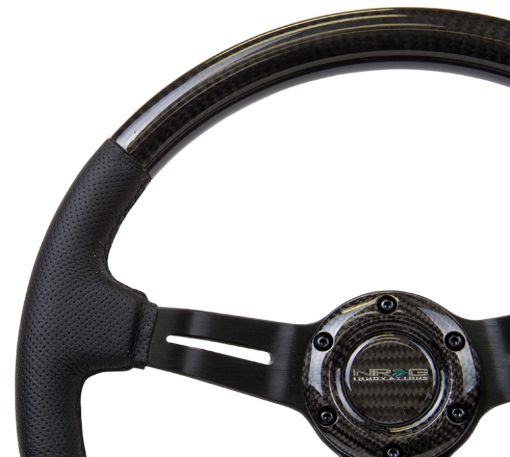 Picture of NRG Carbon Fiber Steering Wheel (350mm 1.5in. Deep) Leather Trim wBlk Stitch Slit Cutout Spokes