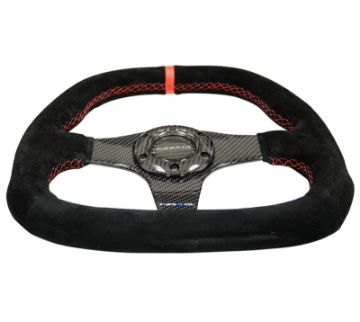 Picture of NRG Carbon Fiber Steering Wheel (320mm) Flat Btm. Blk SuedeRed Stitch wCF Spokes Red Center Mark