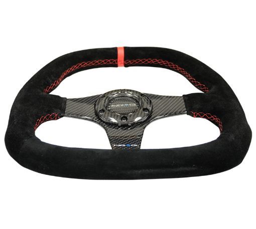 Picture of NRG Carbon Fiber Steering Wheel (320mm) Flat Btm. Blk SuedeRed Stitch wCF Spokes Red Center Mark
