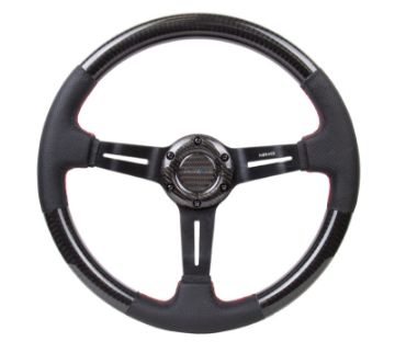 Picture of NRG Carbon Fiber Steering Wheel (350mm 1.5in. Deep) Leather Trim wRed Stitch Slit Cutout Spokes