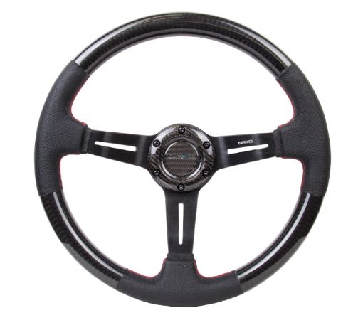 Picture of NRG Carbon Fiber Steering Wheel (350mm 1.5in. Deep) Leather Trim wRed Stitch Slit Cutout Spokes