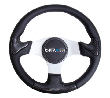 Picture of NRG Carbon Fiber Steering Wheel (350mm) Silver Frame Blk Stitching wRubber Cover Horn Button