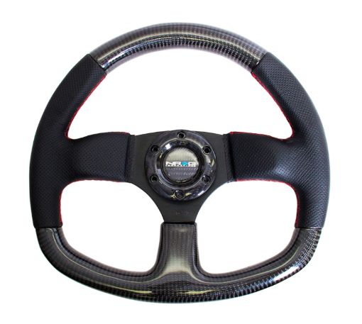 Picture of NRG Carbon Fiber Steering Wheel (320mm) Flat Bottom Leather Trim wRed Stitching