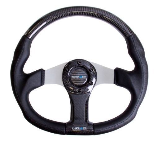 Picture of NRG Carbon Fiber Steering Wheel (350mm) Silver Oval Shape wLeather Trim