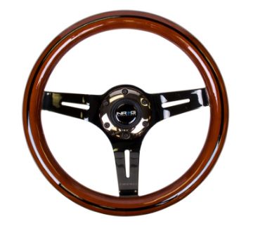 Picture of NRG Classic Wood Grain Steering Wheel (310mm) Dark Wood Black Line Inlay wBlk Chrome 3 - Spoke Ctr.