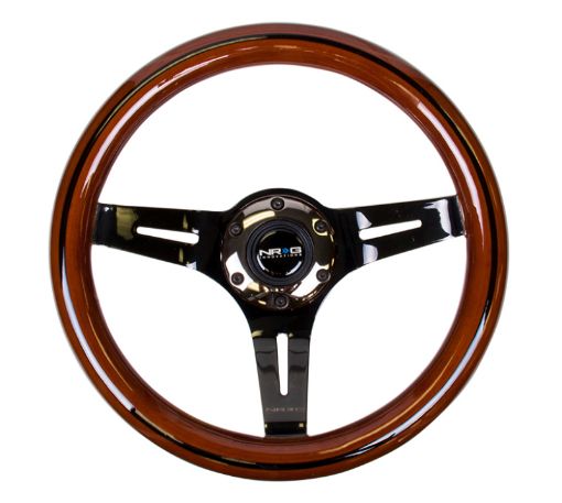 Picture of NRG Classic Wood Grain Steering Wheel (310mm) Dark Wood Black Line Inlay wBlk Chrome 3 - Spoke Ctr.