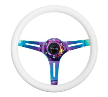 Picture of NRG Classic Wood Grain Steering Wheel (350mm) Glow - N - The - Dark Green Grip wNeochrome 3 - Spoke Center