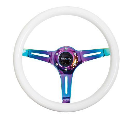 Picture of NRG Classic Wood Grain Steering Wheel (350mm) Glow - N - The - Dark Green Grip wNeochrome 3 - Spoke Center