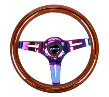 Picture of NRG Classic Wood Grain Steering Wheel (310mm) Dark Wood Black Line Inlay wNeochrome 3 - Spoke Ctr.