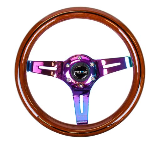 Picture of NRG Classic Wood Grain Steering Wheel (310mm) Dark Wood Black Line Inlay wNeochrome 3 - Spoke Ctr.