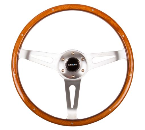 Picture of NRG Classic Wood Grain Steering Wheel (365mm) Wood wMetal Accents Polished Alum. 3 - Spoke Center