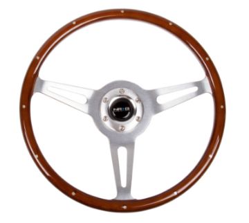 Picture of NRG Classic Wood Grain Steering Wheel (365mm) Wood wMetal Inserts Brushed Alum. 3 - Spoke Center