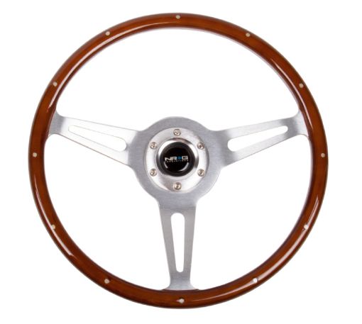 Picture of NRG Classic Wood Grain Steering Wheel (365mm) Wood wMetal Inserts Brushed Alum. 3 - Spoke Center