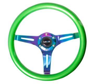 Picture of NRG Classic Wood Grain Steering Wheel (350mm) Green PearlFlake Paint wNeochrome 3 - Spoke Center