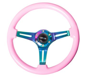 Picture of NRG Classic Wood Grain Steering Wheel (350mm) Solid Pink Painted Grip wNeochrome 3 - Spoke Center