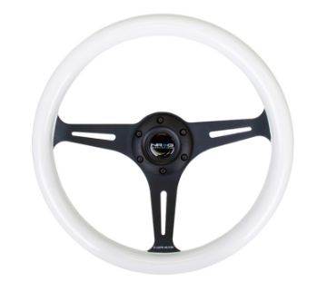 Picture of NRG Classic Wood Grain Steering Wheel (350mm) Glow - In - The - Dark Blue Grip wBlack 3 - Spoke Center
