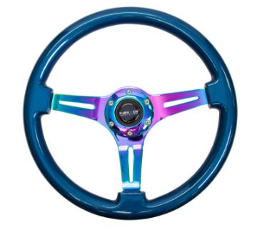 Picture of NRG Classic Wood Grain Steering Wheel (350mm) Blue PearlFlake Paint wNeochrome 3 - Spoke Center