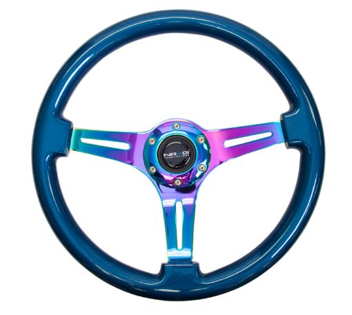 Picture of NRG Classic Wood Grain Steering Wheel (350mm) Blue PearlFlake Paint wNeochrome 3 - Spoke Center