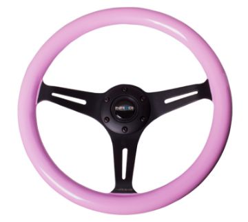 Picture of NRG Classic Wood Grain Steering Wheel (350mm) Solid Pink Painted Grip wBlack 3 - Spoke Center