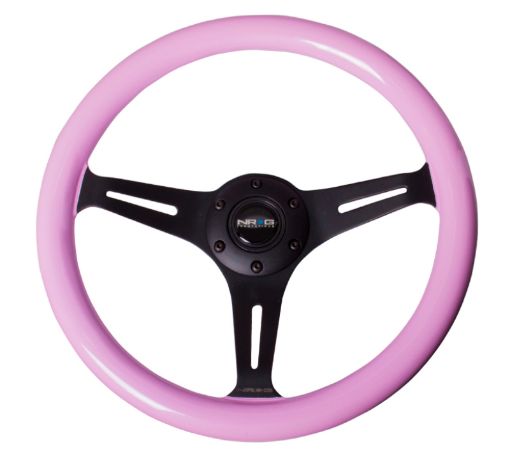 Picture of NRG Classic Wood Grain Steering Wheel (350mm) Solid Pink Painted Grip wBlack 3 - Spoke Center