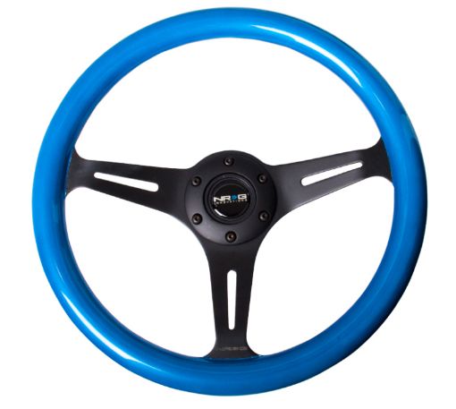 Picture of NRG Classic Wood Grain Steering Wheel (350mm) Blue PearlFlake Paint wBlack 3 - Spoke Center