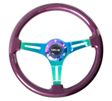 Picture of NRG Classic Wood Grain Steering Wheel (350mm) Purple Pearl Paint wNeochrome 3 - Spoke Center