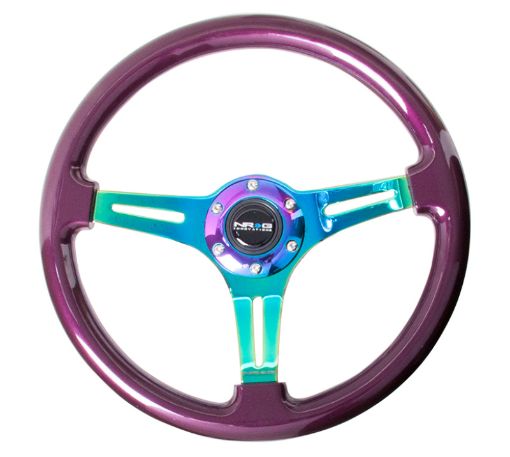 Picture of NRG Classic Wood Grain Steering Wheel (350mm) Purple Pearl Paint wNeochrome 3 - Spoke Center