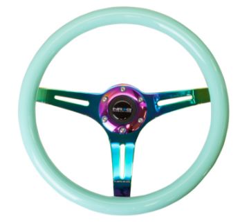 Picture of NRG Classic Wood Grain Steering Wheel (350mm) Minty Fresh Color wNeochrome 3 - Spoke Center
