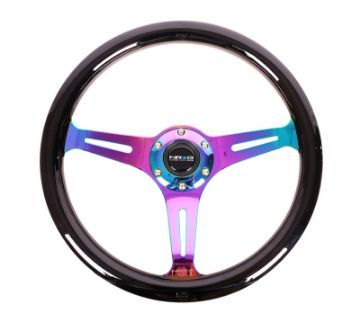Picture of NRG Classic Wood Grain Steering Wheel (350mm) Black Paint Grip wNeochrome 3 - Spoke Center