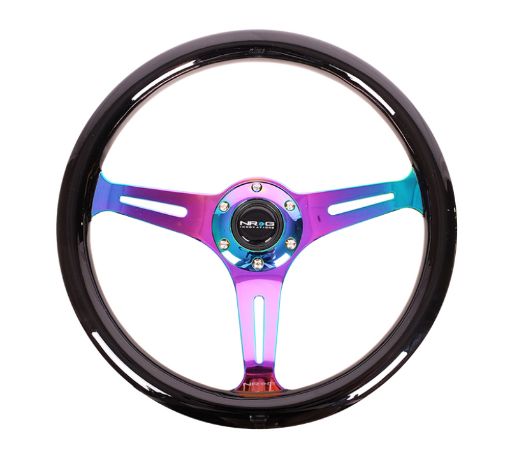Picture of NRG Classic Wood Grain Steering Wheel (350mm) Black Paint Grip wNeochrome 3 - Spoke Center