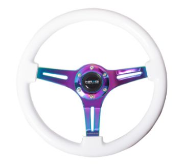 Picture of NRG Classic Wood Grain Steering Wheel (350mm) White Paint Grip wNeochrome 3 - Spoke Center