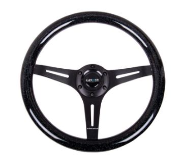 Picture of NRG Classic Wood Grain Steering Wheel (350mm) Black Sparkled Grip wBlack 3 - Spoke Center