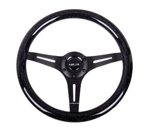Picture of NRG Classic Wood Grain Steering Wheel (350mm) Black Sparkled Grip wBlack 3 - Spoke Center