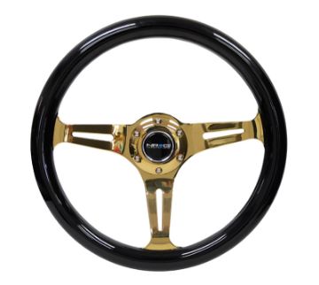 Picture of NRG Classic Wood Grain Steering Wheel (350mm) Black Grip wChrome Gold 3 - Spoke Center
