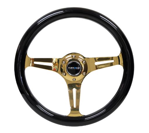 Picture of NRG Classic Wood Grain Steering Wheel (350mm) Black Grip wChrome Gold 3 - Spoke Center