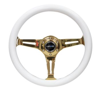 Picture of NRG Classic Wood Grain Steering Wheel (350mm) White Grip wChrome Gold 3 - Spoke Center
