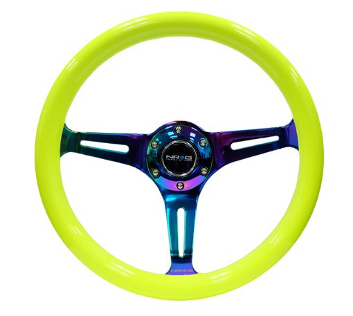 Picture of NRG Classic Wood Grain Steering Wheel (350mm) Neon Yellow Color wNeochrome Spokes