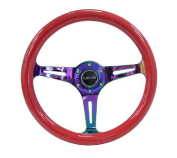 Picture of NRG Classic Wood Grain Steering Wheel (350mm) Red Grip wNeochrome 3 - Spoke Center