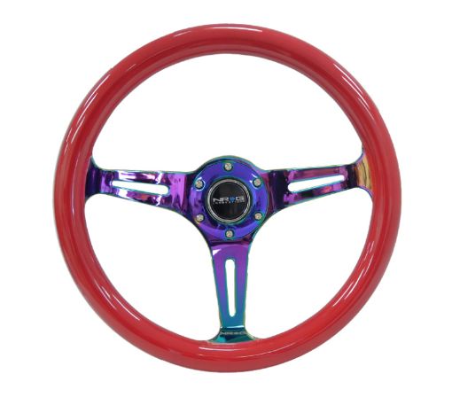 Picture of NRG Classic Wood Grain Steering Wheel (350mm) Red Grip wNeochrome 3 - Spoke Center