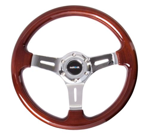 Picture of NRG Classic Wood Grain Steering Wheel (330mm) Wood Grain wChrome 3 - Spoke Center
