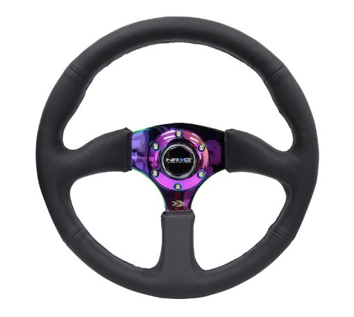 Picture of NRG Reinforced Steering Wheel (350mm 2.5in. Deep) Leather Race Comfort Grip w4mm Neochrome Spokes