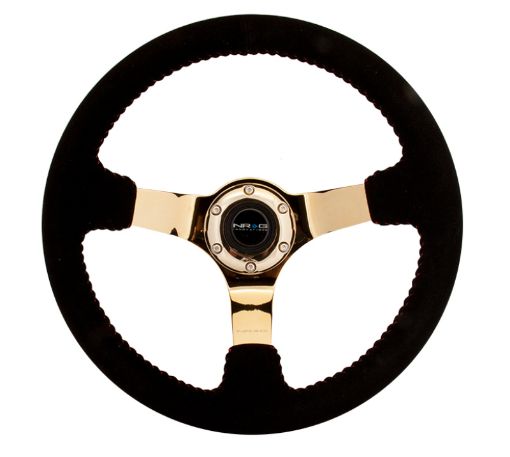 Picture of NRG Reinforced Steering Wheel (350mm 3in. Deep) Blk Suede wRed BBall Stitch Chrome Gold 3 - Spoke