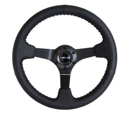 Picture of NRG Reinforced Steering Wheel (350mm 3in. Deep) Bk Leather wBk BBall Stitch (Odi Bakchis Edition)