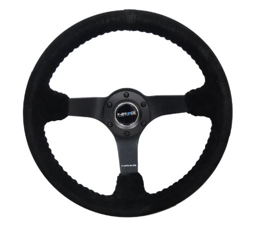 Picture of NRG Reinforced Steering Wheel (350mm 3in. Deep) Blk SuedeBlk Bball Stitch w5mm Matte Black Spoke