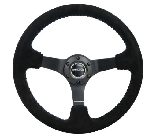 Picture of NRG Reinforced Steering Wheel (350mm 3in. Deep) Blk SuedeBlue BBall Stitch w5mm Matte Blk Spokes