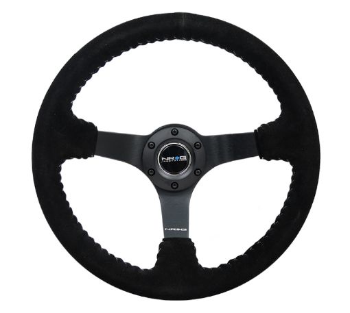 Picture of NRG Reinforced Steering Wheel (350mm 3in. Deep) Blk SuedeSilver BBall Stitch w5mm Mt. Blk Spokes