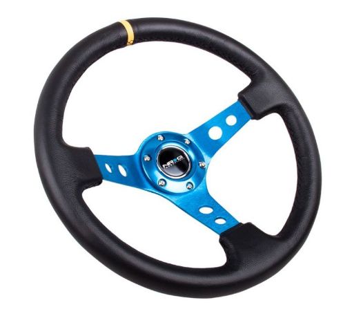 Picture of NRG Reinforced Steering Wheel (350mm 3in. Deep) Blk Leather wBlue Cutout Spoke Single Yellow CM