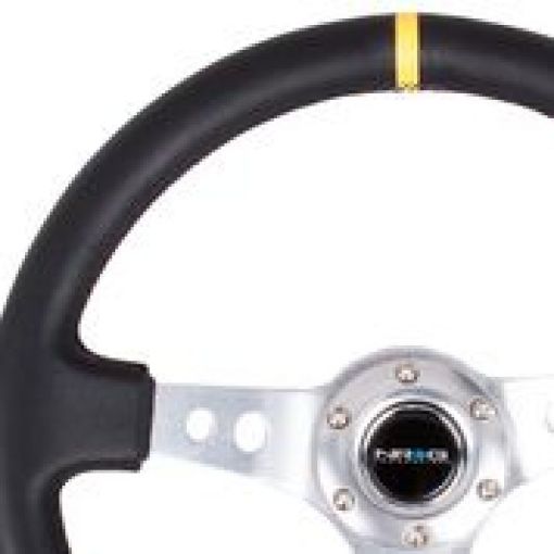 Picture of NRG Reinforced Steering Wheel (350mm 3in. Deep) Blk Leather wCircle Cut Spokes Single Yellow CM